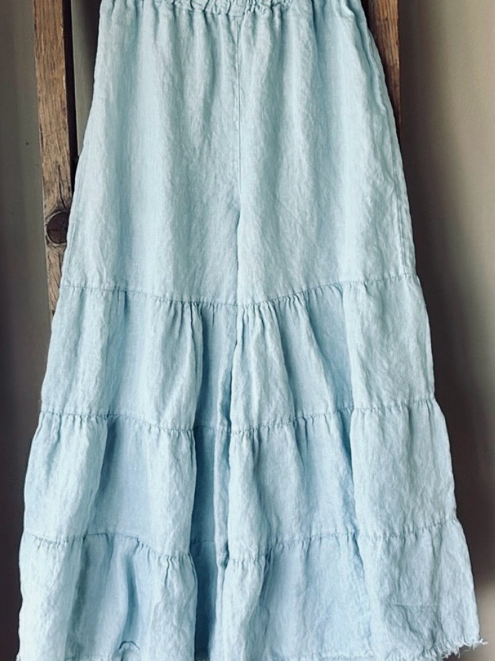 Light Blue Linen Wide-Leg Tiered Pants Made in Italy